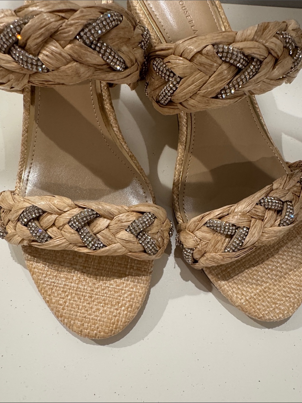 White House Black Market Braided Raffia Slide Heels in Natural Tan